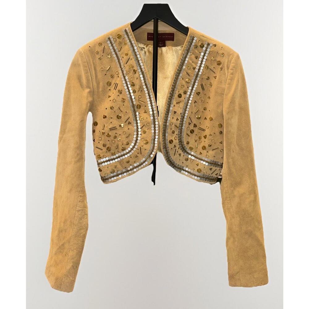 Margaret Godfrey Boho Beaded Sequin Genuine Suede Leather Bolero Cropped Jacket